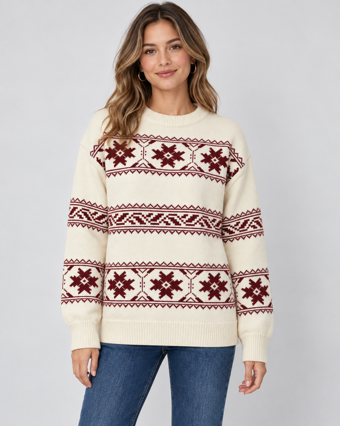 Women's Fair Isle Jumper - Crew Neck Snowflake Relaxed Fit
