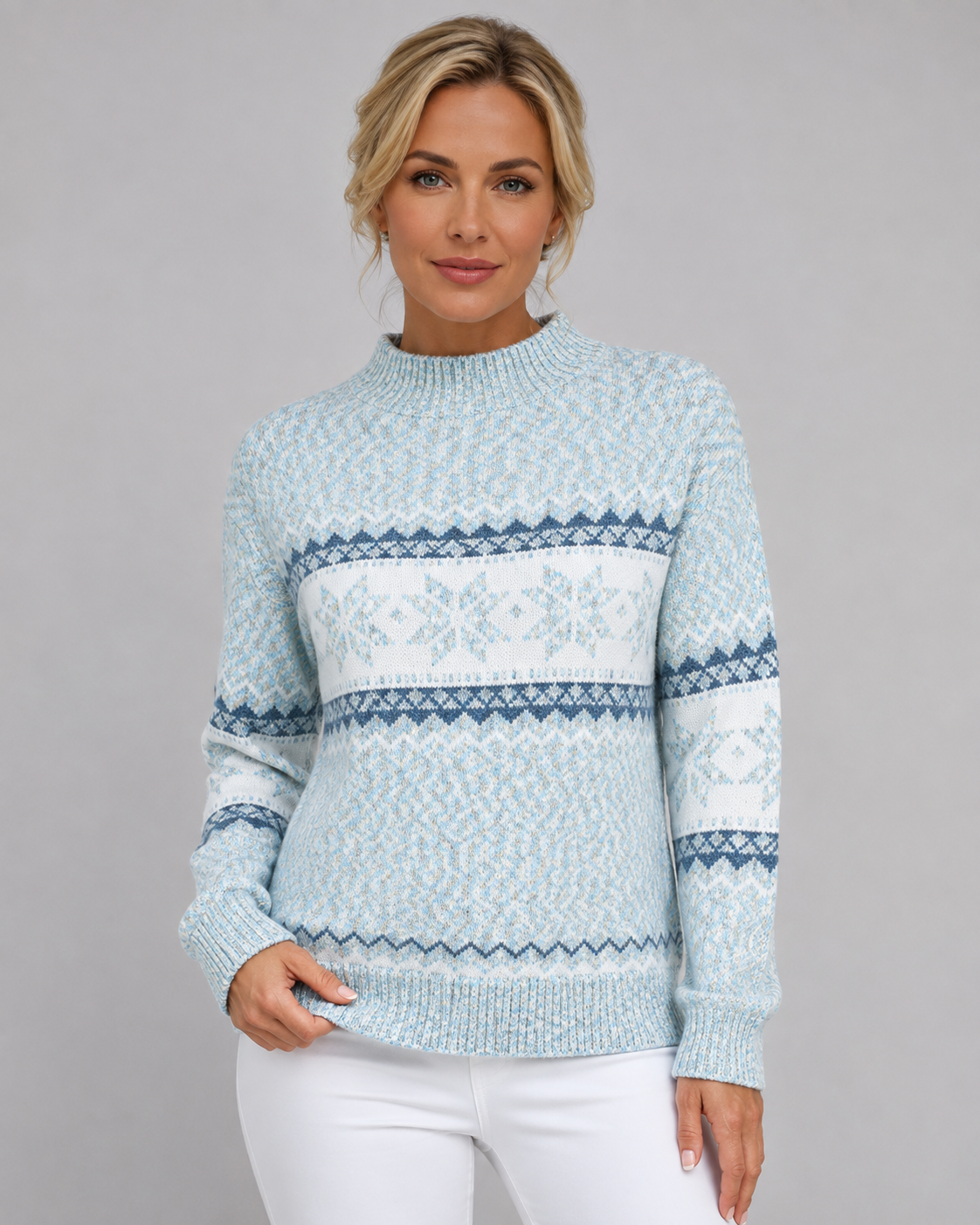 Women's Fair Isle Knitted Sweater - Ribbed Mock Neck Relaxed Fit