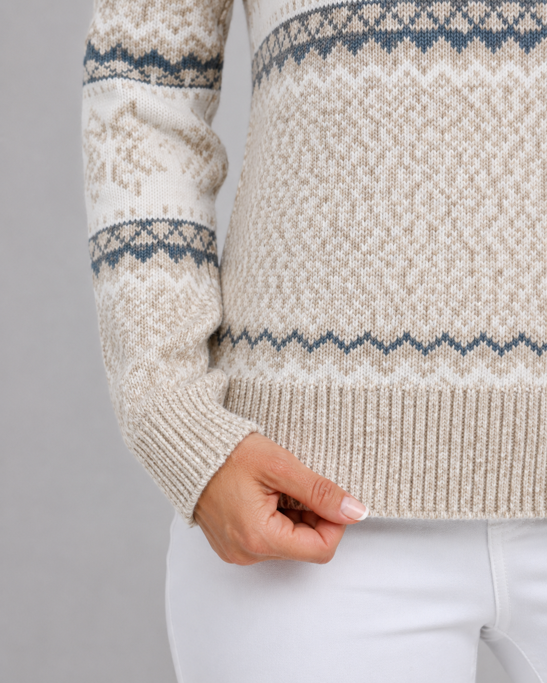 Women's Fair Isle Knitted Sweater - Ribbed Mock Neck Relaxed Fit