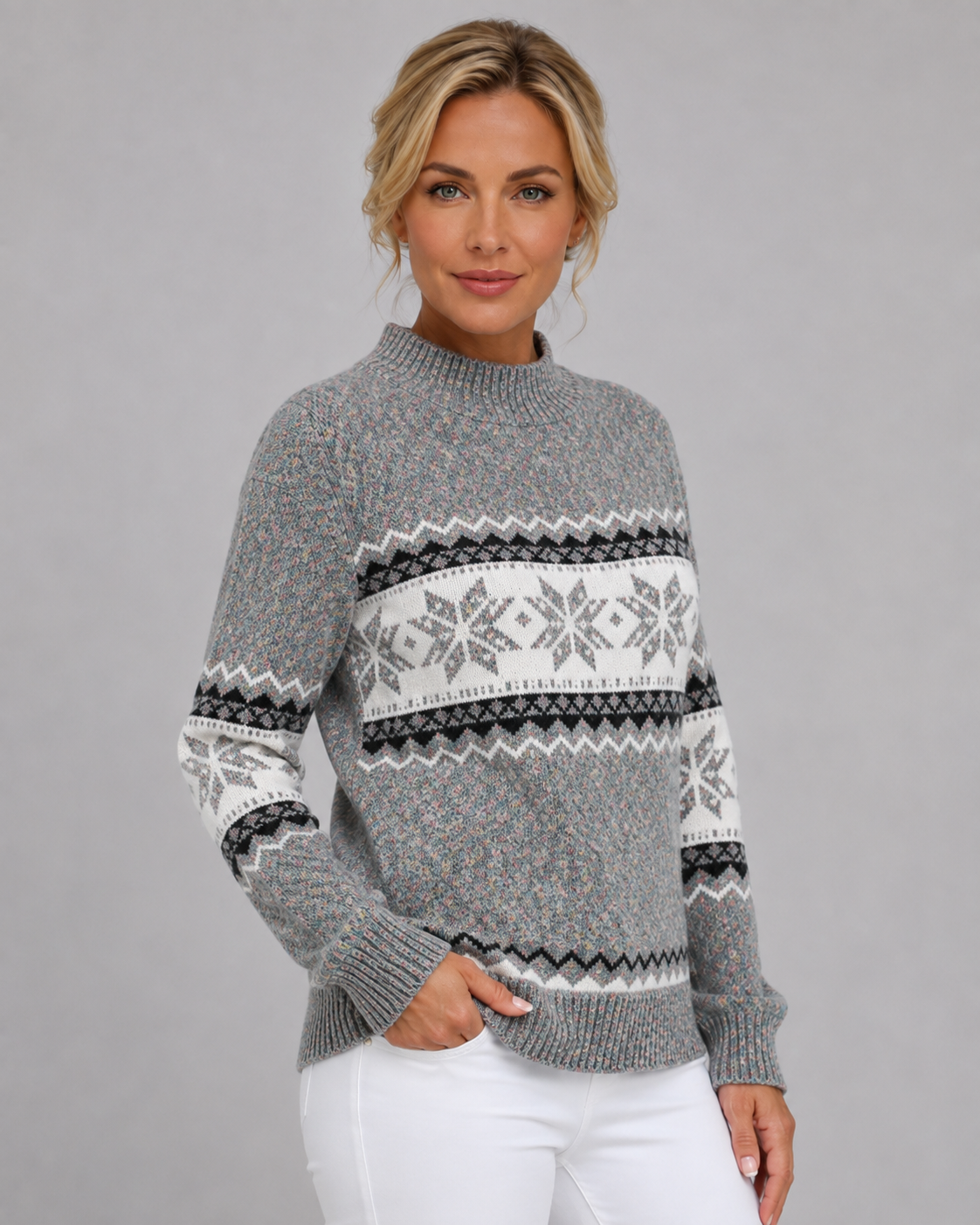Women's Fair Isle Knitted Sweater - Ribbed Mock Neck Relaxed Fit
