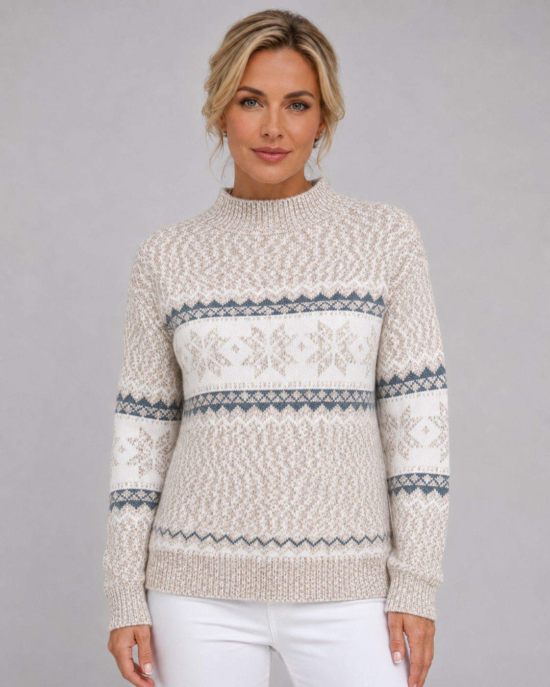 Women's Fair Isle Knitted Sweater - Ribbed Mock Neck Relaxed Fit