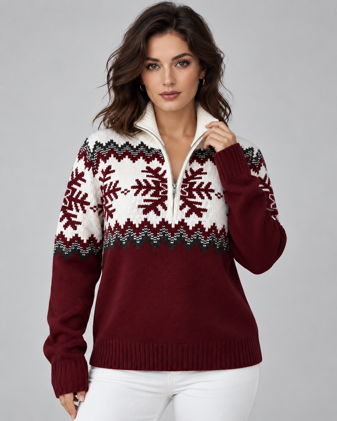 Women's Fair Isle Quarter Zip Jumper - Snowflake Knit