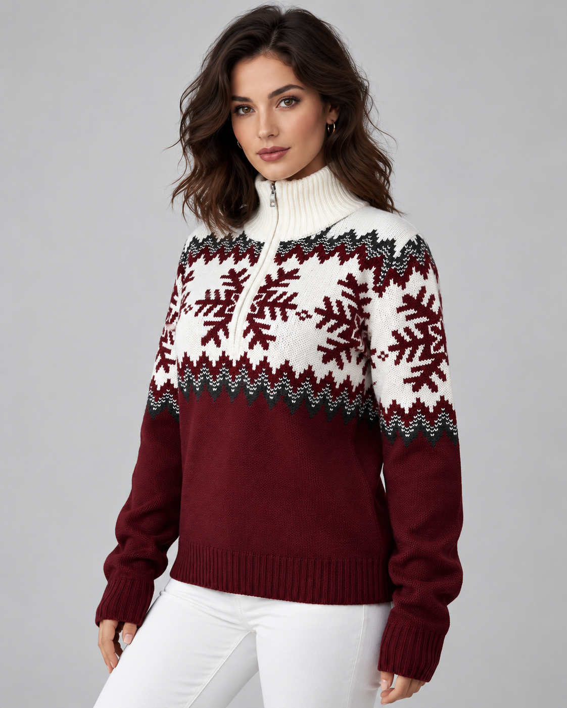 Women's Fair Isle Quarter Zip Jumper - Snowflake Knit