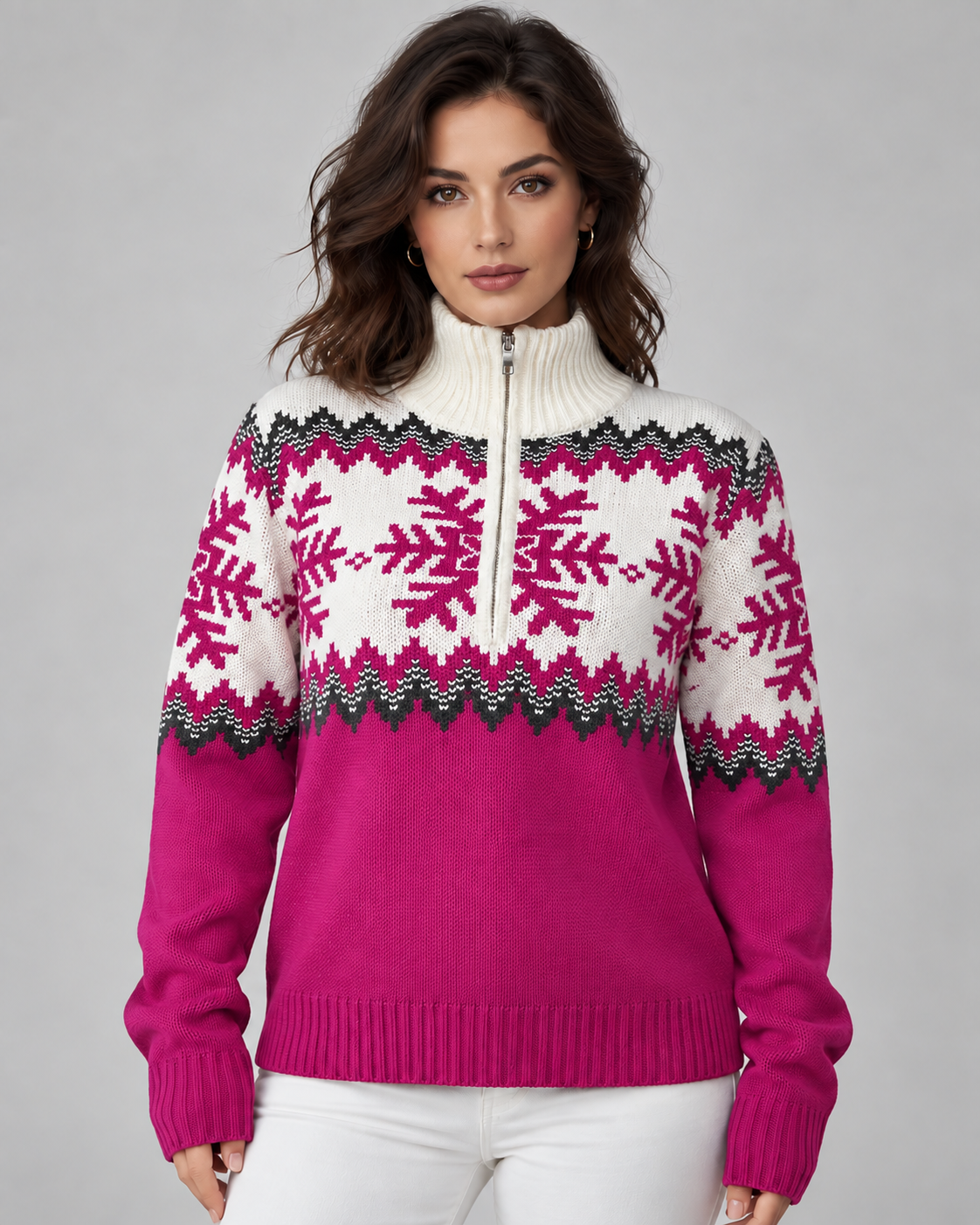 Women's Fair Isle Quarter Zip Jumper - Snowflake Knit