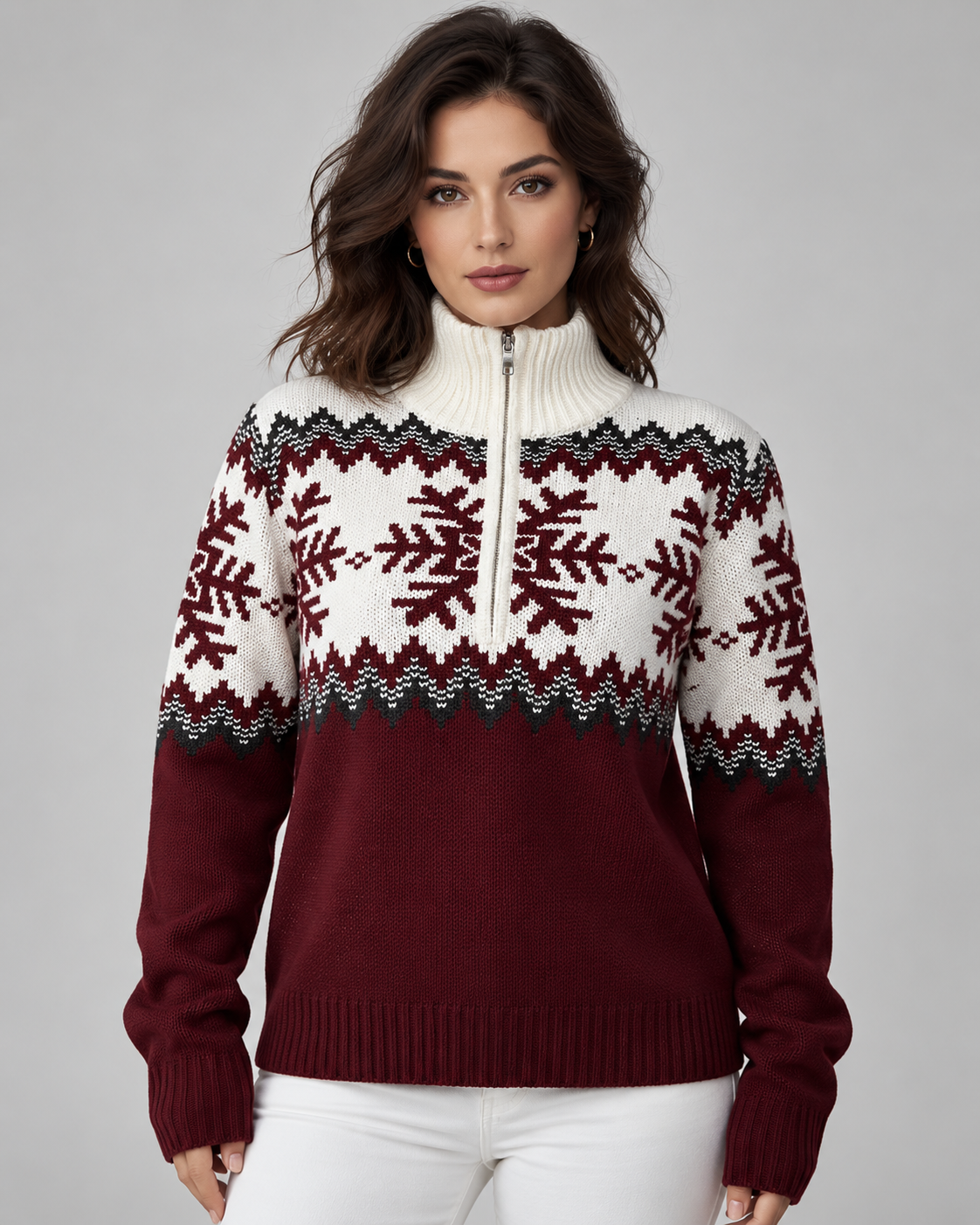 Women's Fair Isle Quarter Zip Jumper - Snowflake Knit