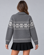 Women's Fair Isle Zip-Up Cardigan - Snowflake Ribbed Collar