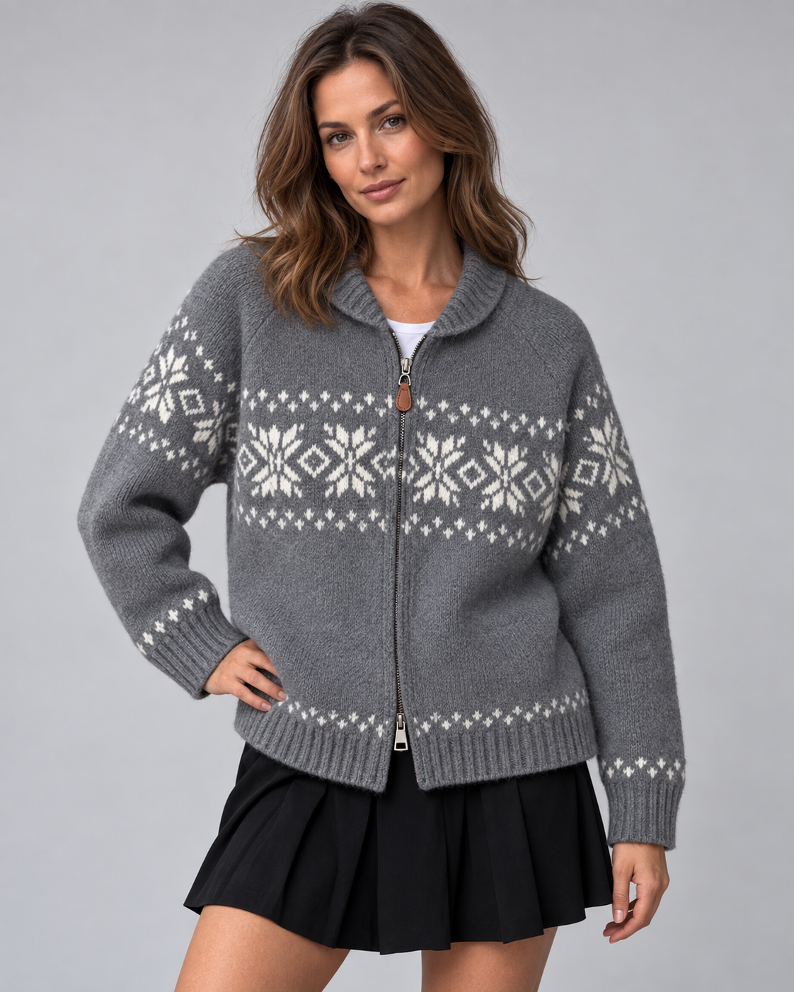 Women's Fair Isle Zip-Up Cardigan - Snowflake Ribbed Collar