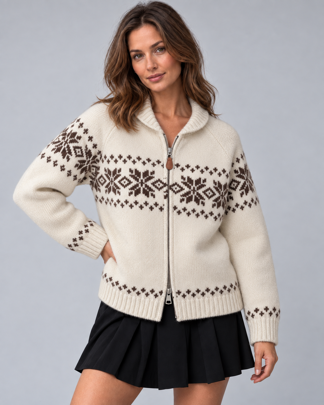 Women's Fair Isle Zip-Up Cardigan - Snowflake Ribbed Collar