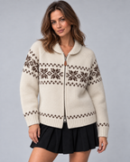Women's Fair Isle Zip-Up Cardigan - Snowflake Ribbed Collar