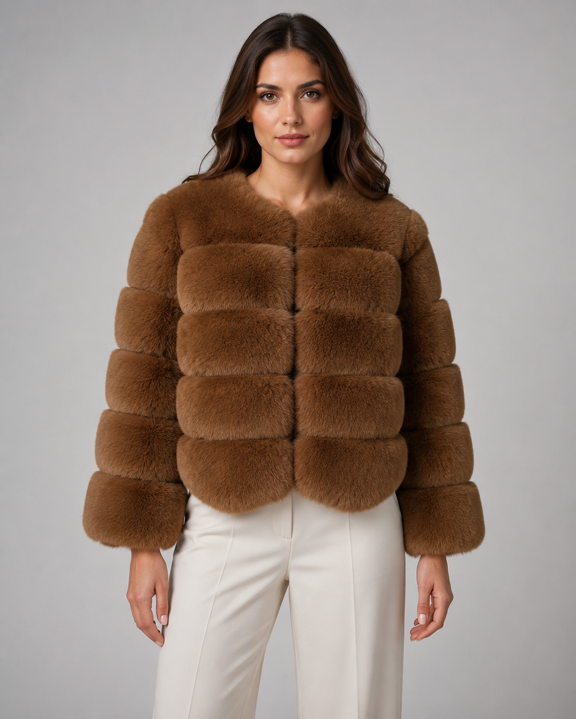 Women's Faux Fur Jacket - Plush Collarless Cropped Fit
