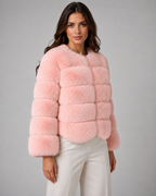 Women's Faux Fur Jacket - Plush Collarless Cropped Fit