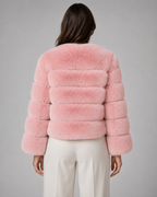 Women's Faux Fur Jacket - Plush Collarless Cropped Fit
