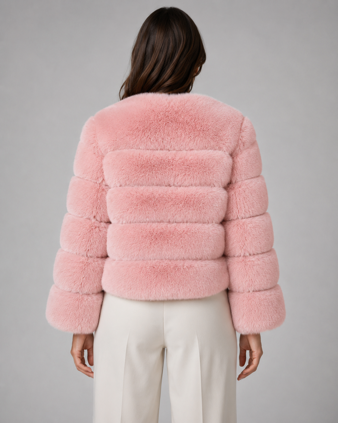 Women's Faux Fur Jacket - Plush Collarless Cropped Fit
