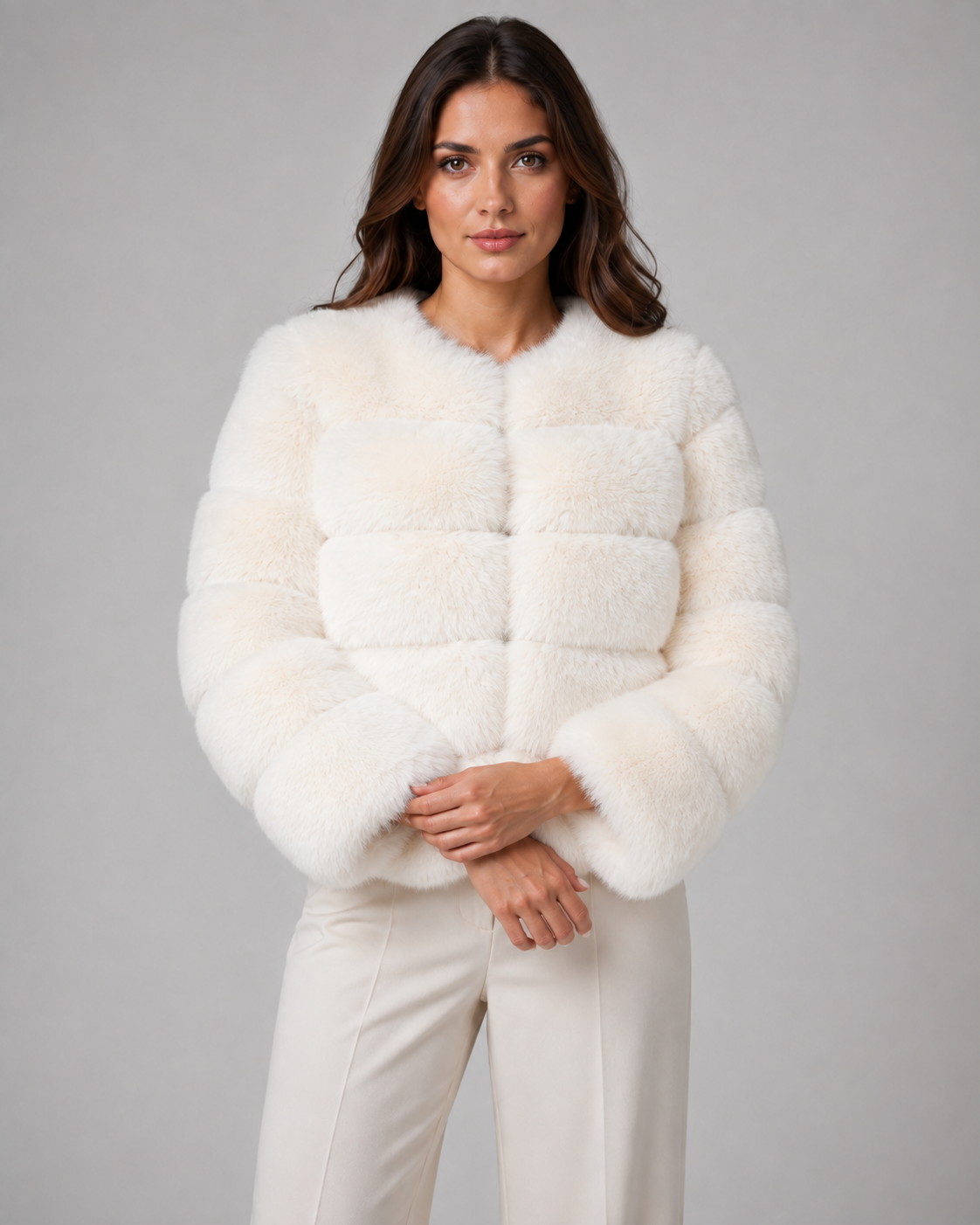 Women's Faux Fur Jacket - Plush Collarless Cropped Fit