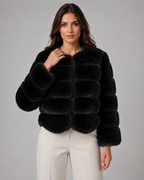 Women's Faux Fur Jacket - Plush Collarless Cropped Fit