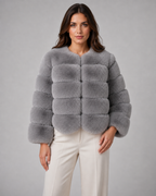Women's Faux Fur Jacket - Plush Collarless Cropped Fit