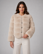 Women's Faux Fur Jacket - Plush Collarless Cropped Fit