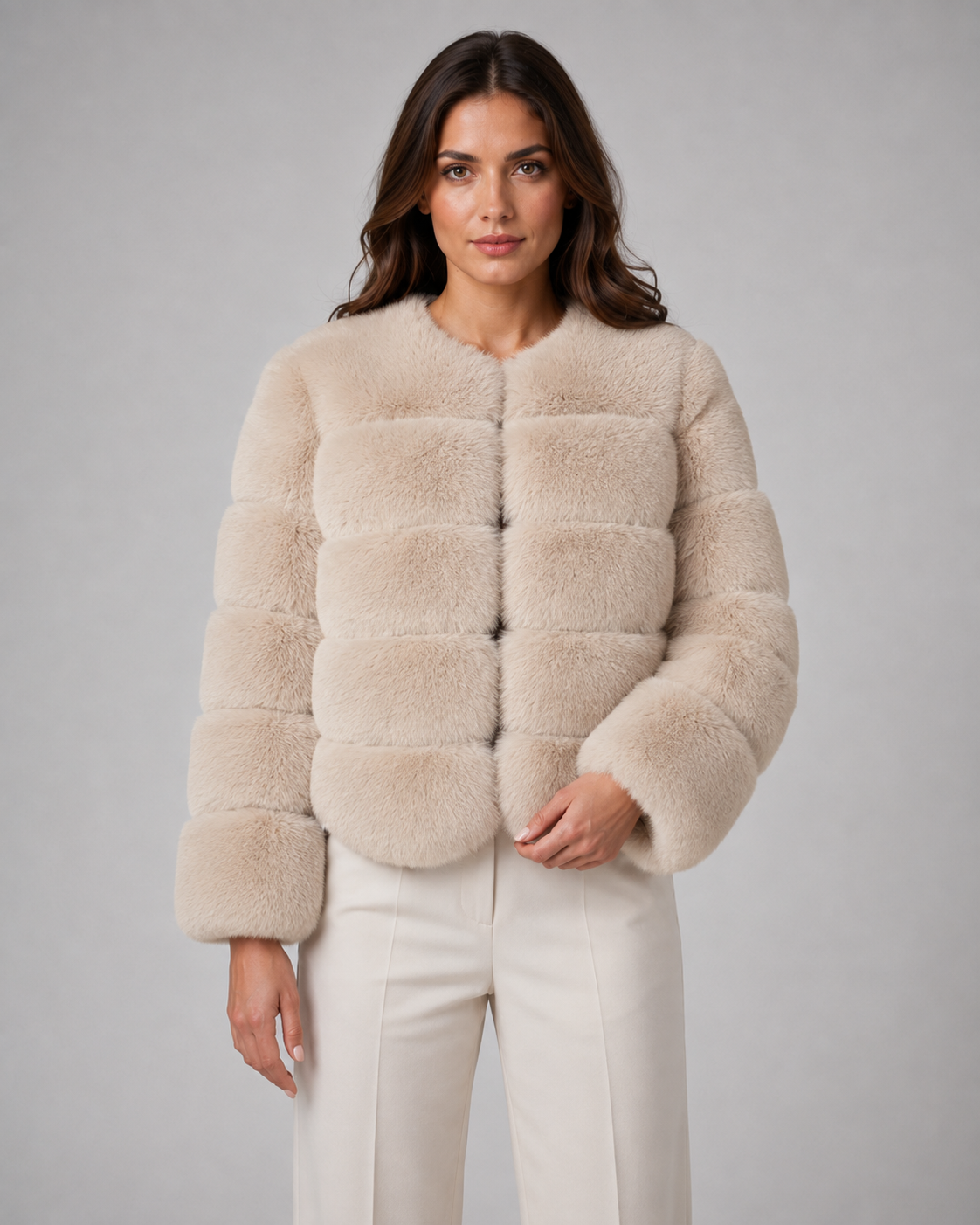 Women's Faux Fur Jacket - Plush Collarless Cropped Fit
