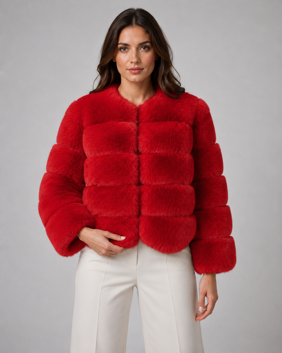 Women's Faux Fur Jacket - Plush Collarless Cropped Fit