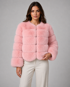Women's Faux Fur Jacket - Plush Collarless Cropped Fit