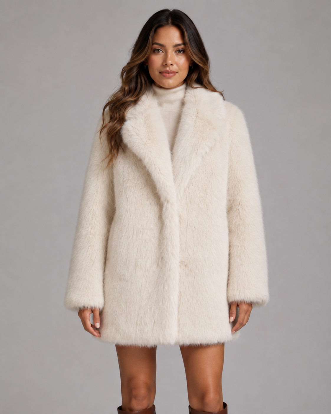 Women's Faux Fur Jacket - Plush Shawl Collar Mid-Thigh Length