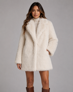 Women's Faux Fur Jacket - Plush Shawl Collar Mid-Thigh Length