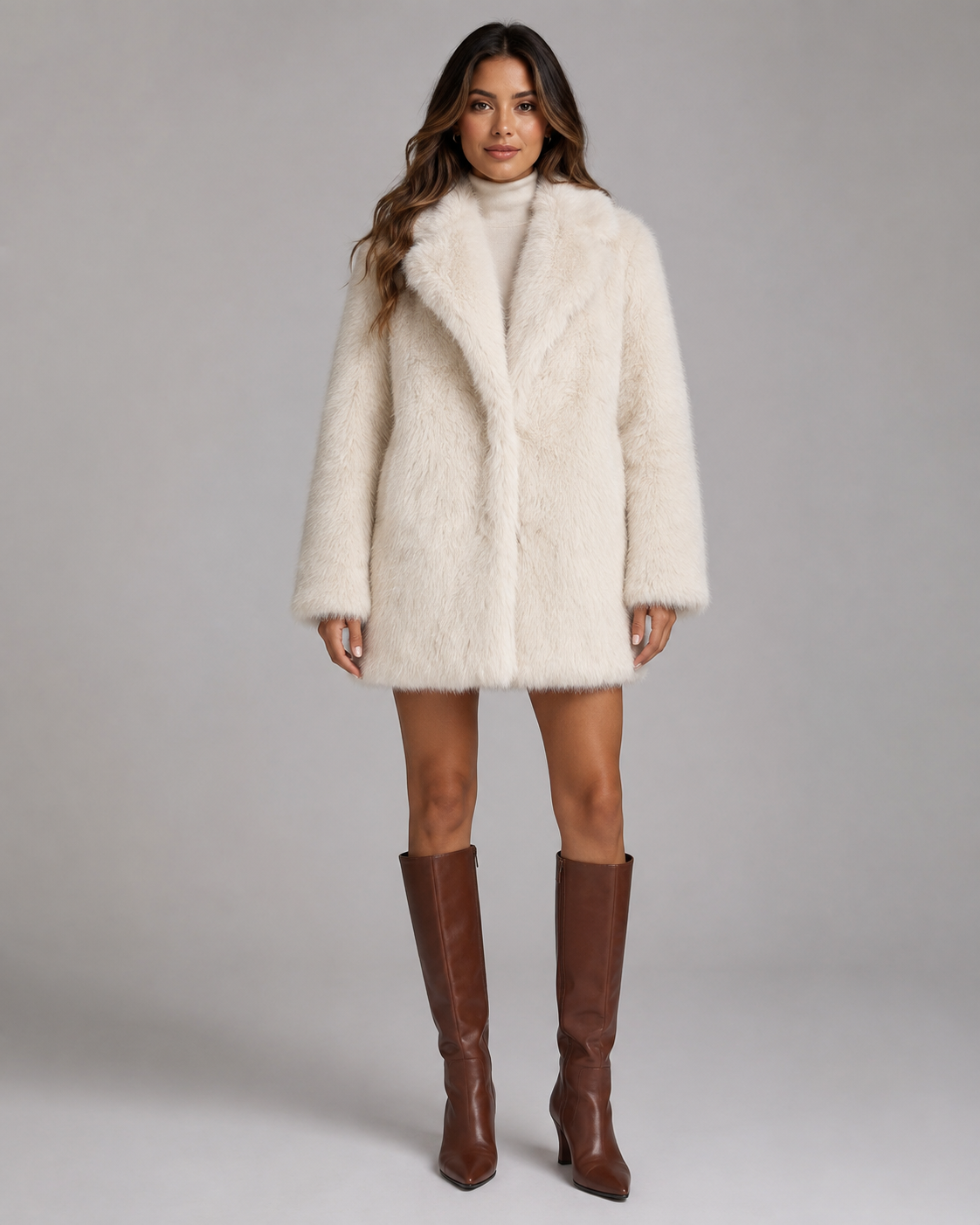 Women's Faux Fur Jacket - Plush Shawl Collar Mid-Thigh Length