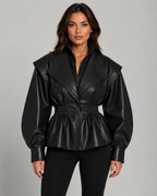 Women's Faux Leather Peplum Jacket Cinched Waist Zip-Up
