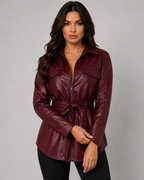 Women's Faux Leather Tie Waist Shirt Jacket Zip-Up Front