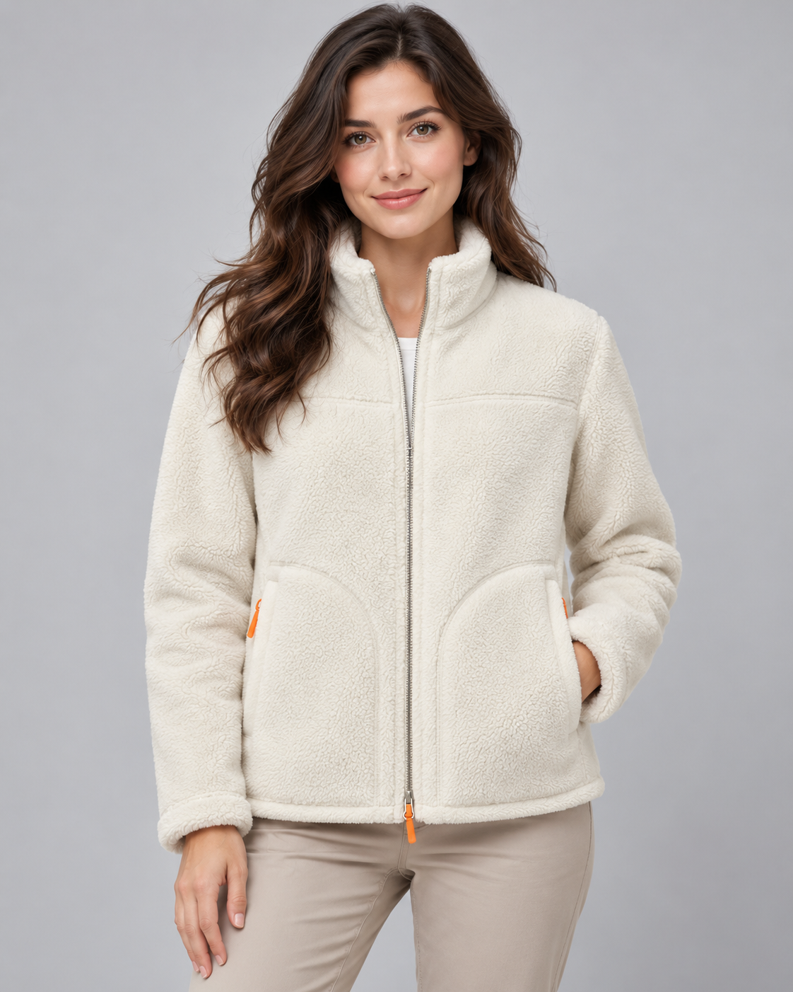 Women's Fleece Zip Jacket - Stand Collar Regular Fit with Pockets