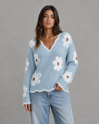 Women's Floral Knit V-Neck Sweater - Fuzzy Trim Relaxed Fit