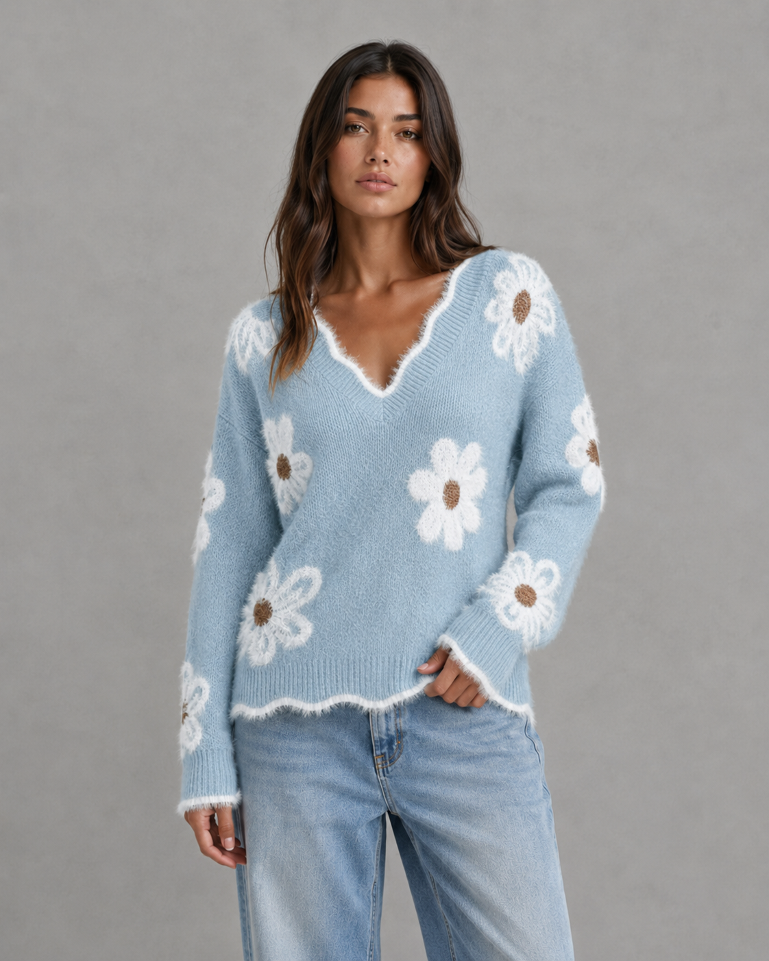 Women's Floral Knit V-Neck Sweater - Fuzzy Trim Relaxed Fit