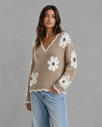 Women's Floral Knit V-Neck Sweater - Fuzzy Trim Relaxed Fit