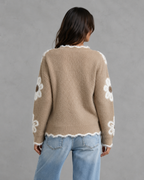Women's Floral Knit V-Neck Sweater - Fuzzy Trim Relaxed Fit