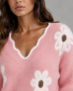 Women's Floral Knit V-Neck Sweater - Fuzzy Trim Relaxed Fit