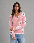 Women's Floral Knit V-Neck Sweater - Fuzzy Trim Relaxed Fit