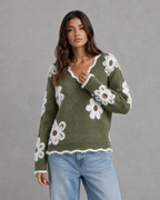 Women's Floral Knit V-Neck Sweater - Fuzzy Trim Relaxed Fit