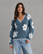 Women's Floral Knit V-Neck Sweater - Fuzzy Trim Relaxed Fit