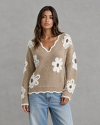 Women's Floral Knit V-Neck Sweater - Fuzzy Trim Relaxed Fit