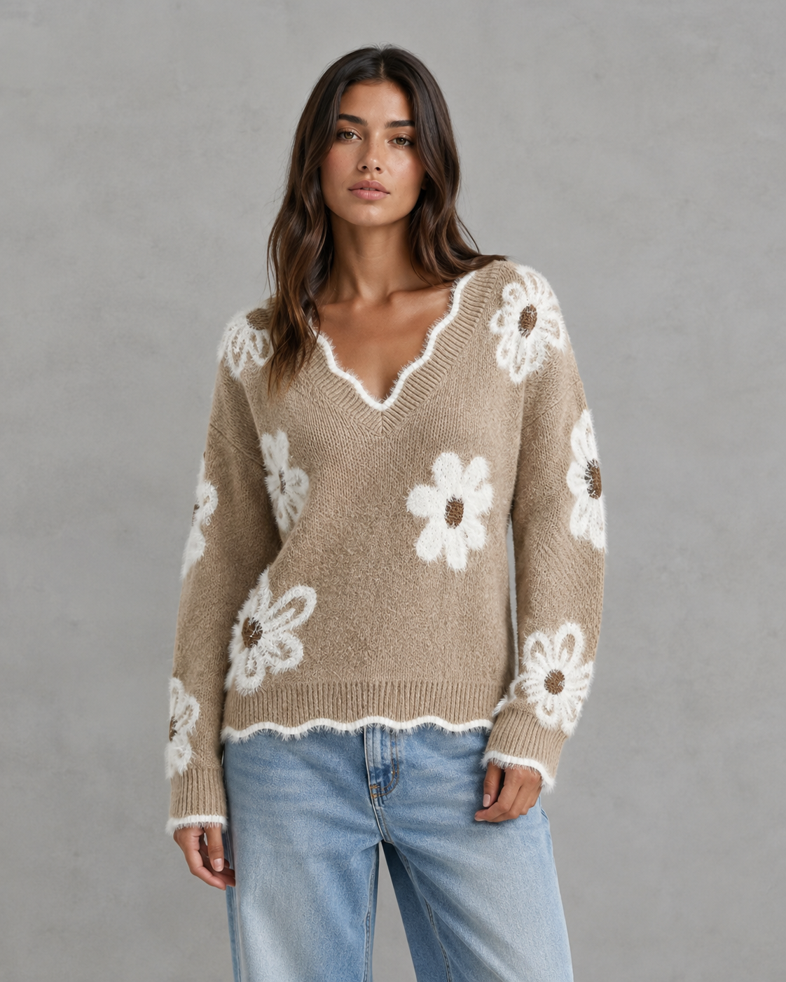 Women's Floral Knit V-Neck Sweater - Fuzzy Trim Relaxed Fit