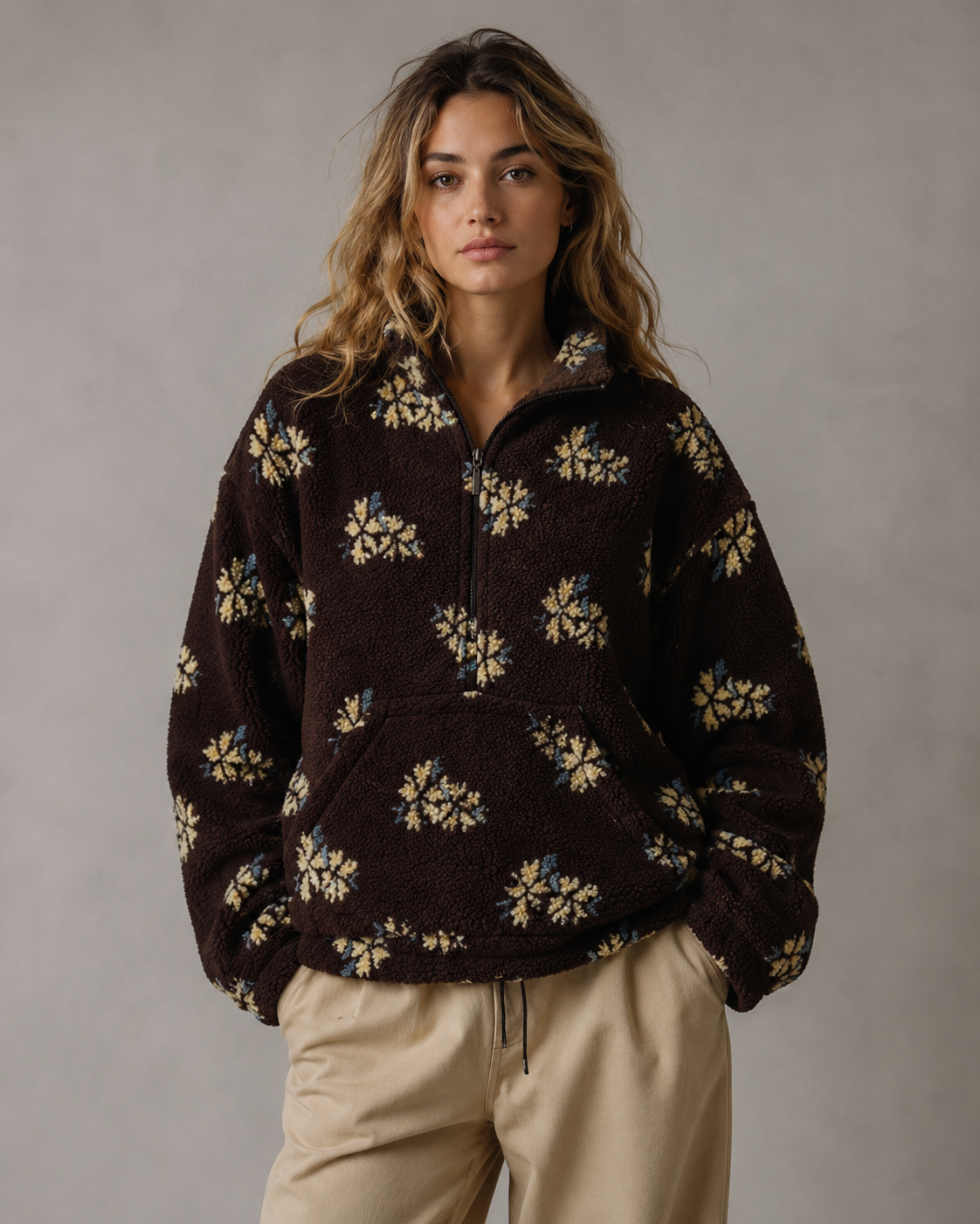 Women's Floral Sherpa Quarter-Zip Pullover - Oversized Boxy Fit