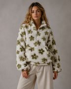 Women's Floral Sherpa Quarter-Zip Pullover - Oversized Boxy Fit