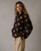 Women's Floral Sherpa Quarter-Zip Pullover - Oversized Boxy Fit