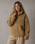 Women's Floral Sherpa Quarter-Zip Pullover - Oversized Boxy Fit