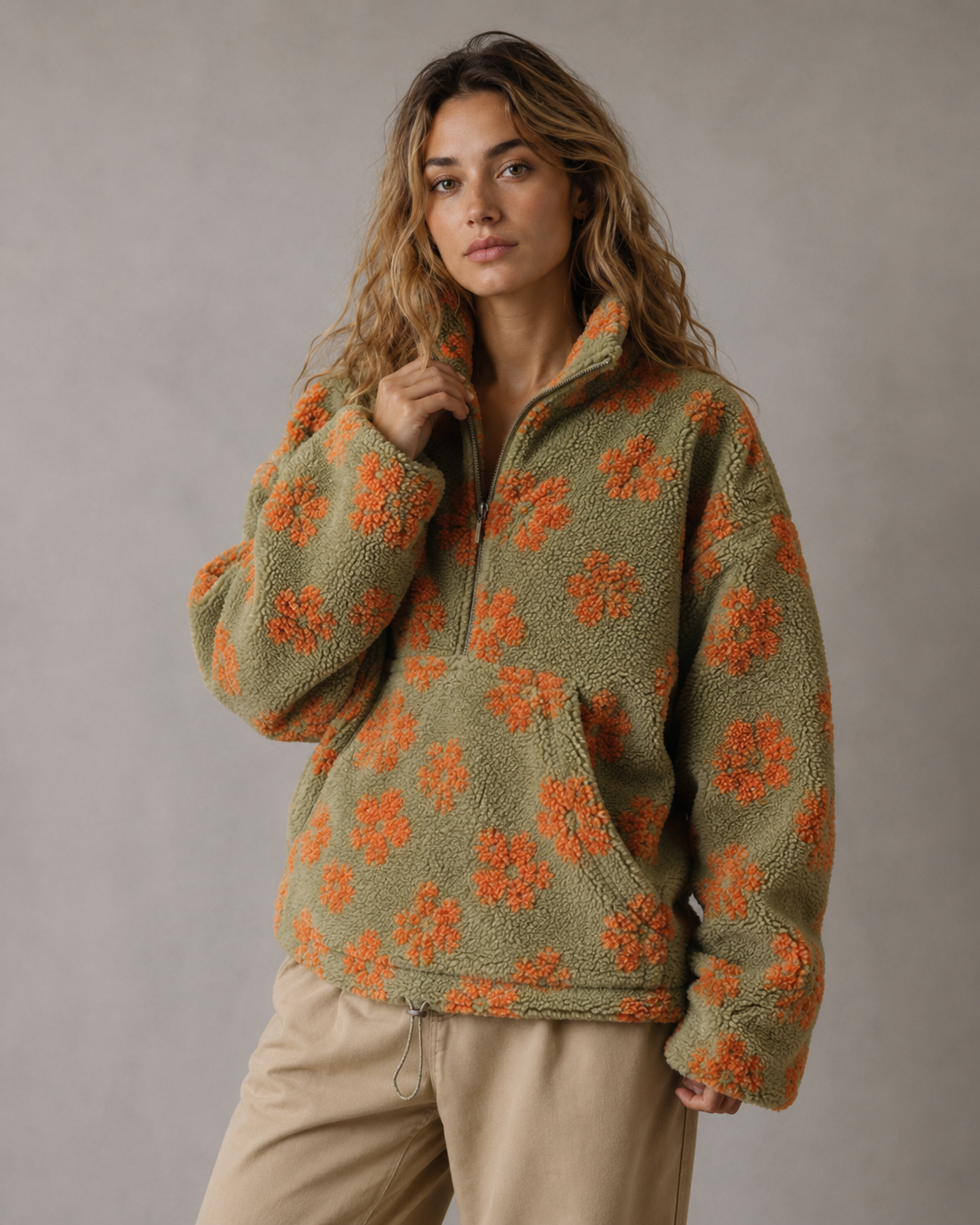 Women's Floral Sherpa Quarter-Zip Pullover - Oversized Boxy Fit