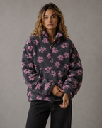 Women's Floral Sherpa Quarter-Zip Pullover - Oversized Boxy Fit