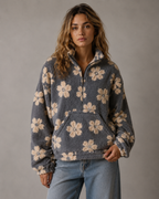 Women's Floral Sherpa Quarter-Zip Pullover - Oversized Boxy Fit