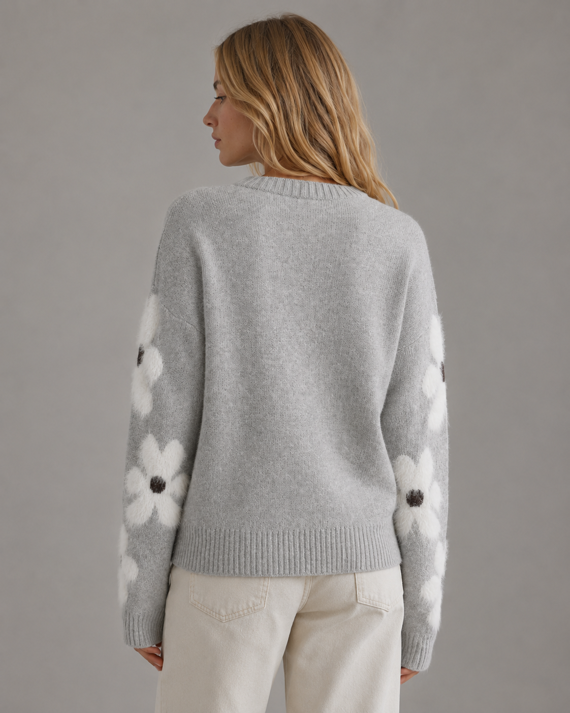 Women's Floral Sleeve Knitted Sweater - Crew Neck Relaxed Fit