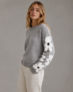 Women's Floral Sleeve Knitted Sweater - Crew Neck Relaxed Fit