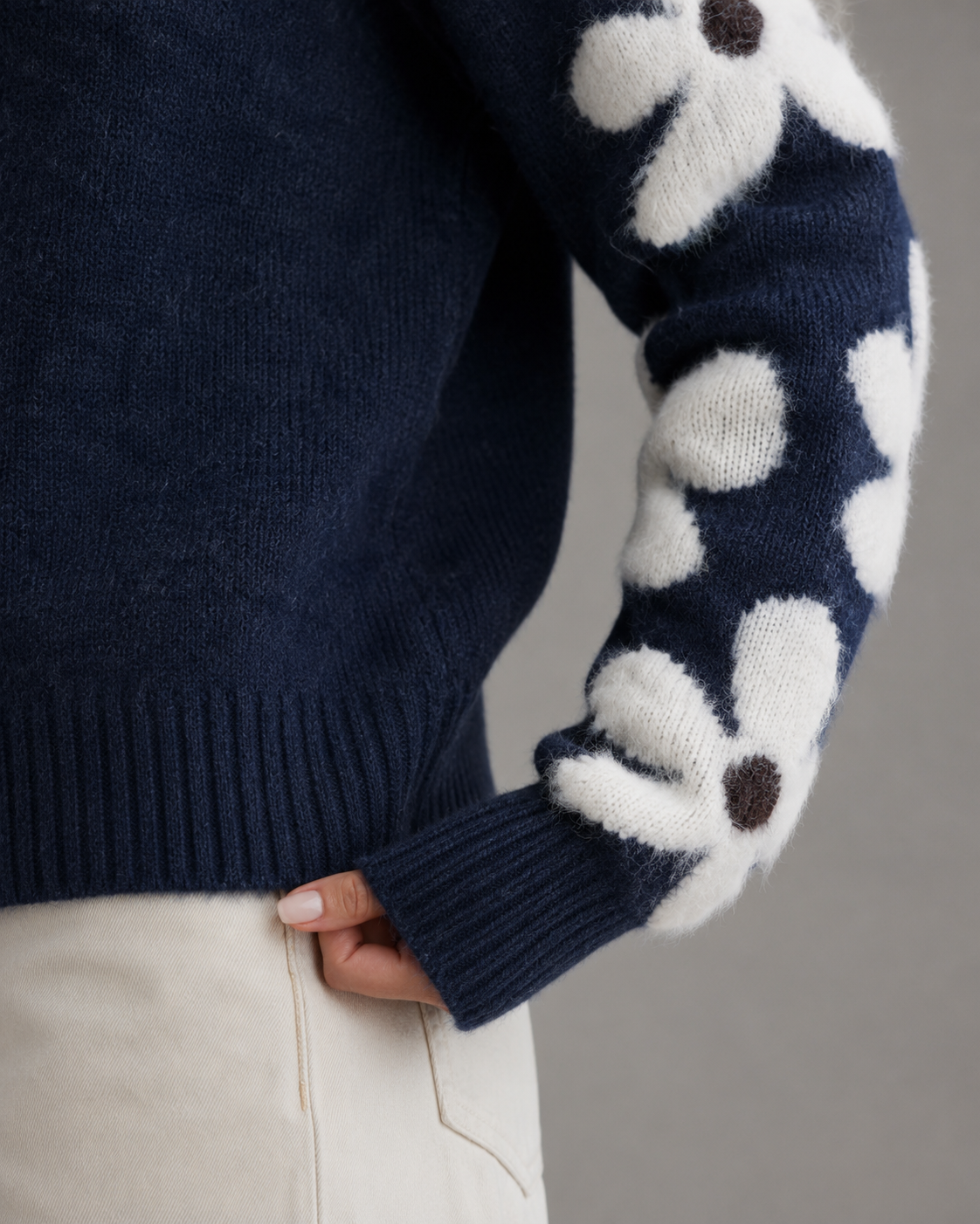 Women's Floral Sleeve Knitted Sweater - Crew Neck Relaxed Fit